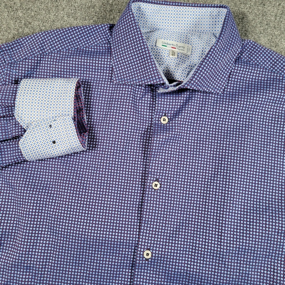 Umberto Carro Dress Shirt Mens 17.5 44 Purple Blue Geometric Italy Contrast Trim